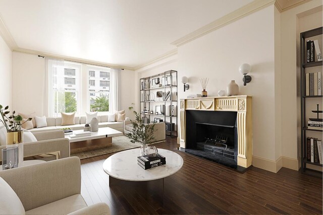 living room featuring ornamental molding and dark hardwood / wood-style floors