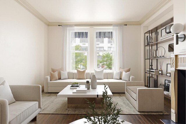 living room featuring ornamental molding and dark hardwood / wood-style floors