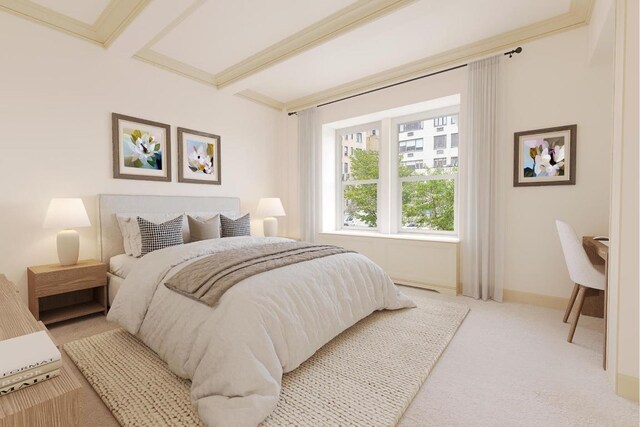 carpeted bedroom with ornamental molding and beamed ceiling