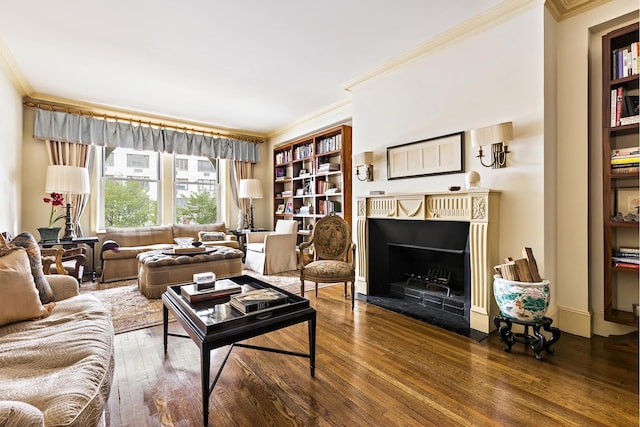 925 Park Ave Unit 2A, New York City, NY 10075 - living room featuring crown molding, hardwood / wood-style floors, and a fireplace with flush hearth