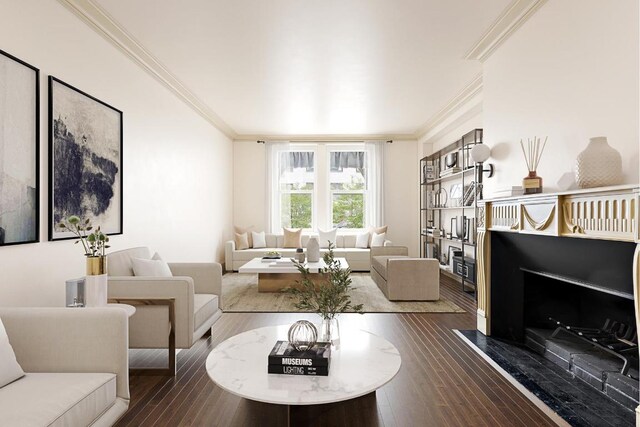 living room with wood-type flooring and ornamental molding