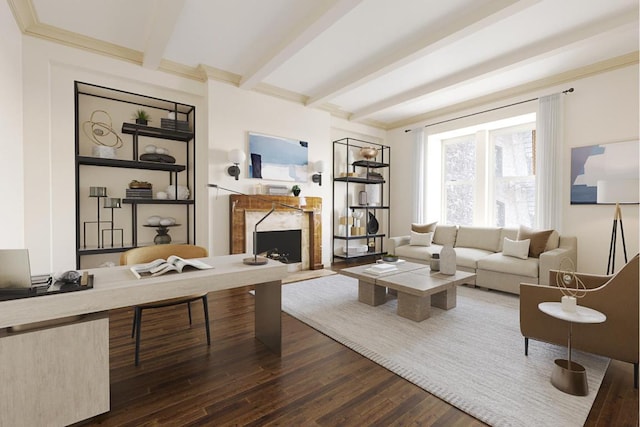 living room featuring beamed ceiling, a premium fireplace, ornamental molding, and dark hardwood / wood-style flooring