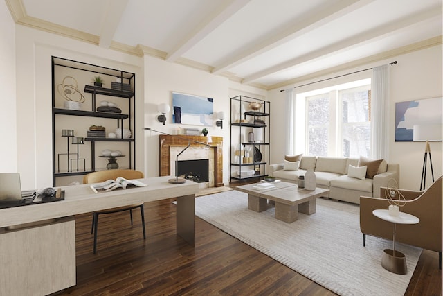 925 Park Ave Unit 2A, New York City, NY 10075 - living area featuring a high end fireplace, beamed ceiling, and dark wood-type flooring