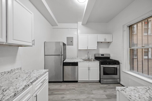 kitchen featuring white cabinetry, appliances with stainless steel finishes, sink, and light hardwood / wood-style floors