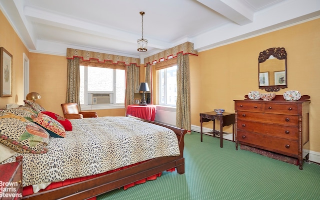 carpeted bedroom featuring beamed ceiling and ornamental molding