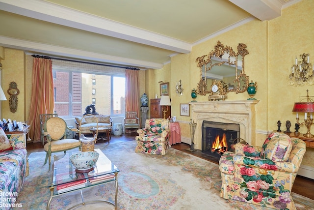 living room featuring dark hardwood / wood-style floors, ornamental molding, a premium fireplace, and beamed ceiling