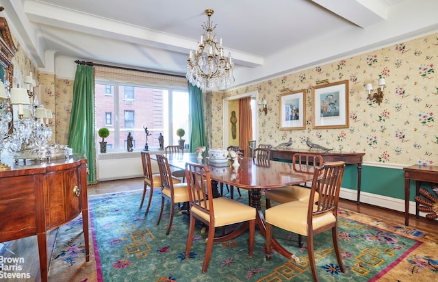 dining room featuring beam ceiling, a chandelier, and hardwood / wood-style flooring