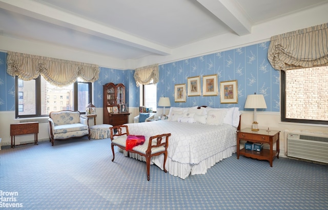 bedroom featuring beamed ceiling, carpet floors, a wall mounted AC, and radiator