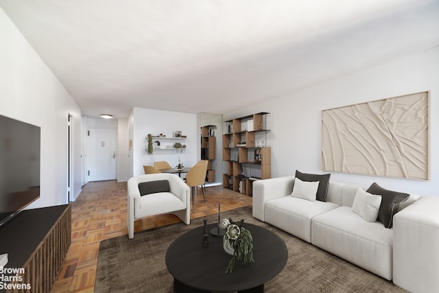 living room with parquet floors