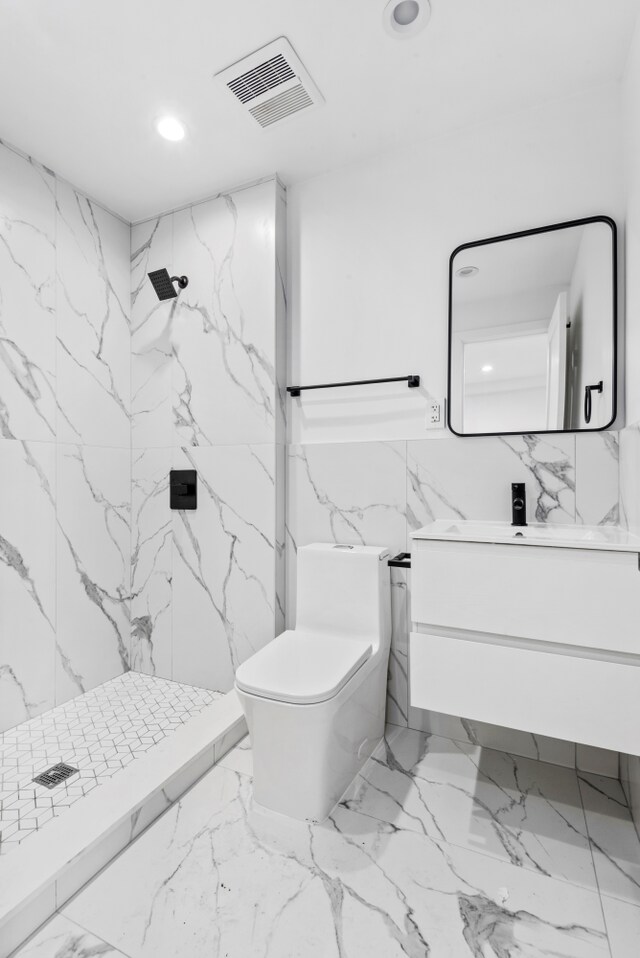 full bathroom with vanity, visible vents, a marble finish shower, recessed lighting, and toilet