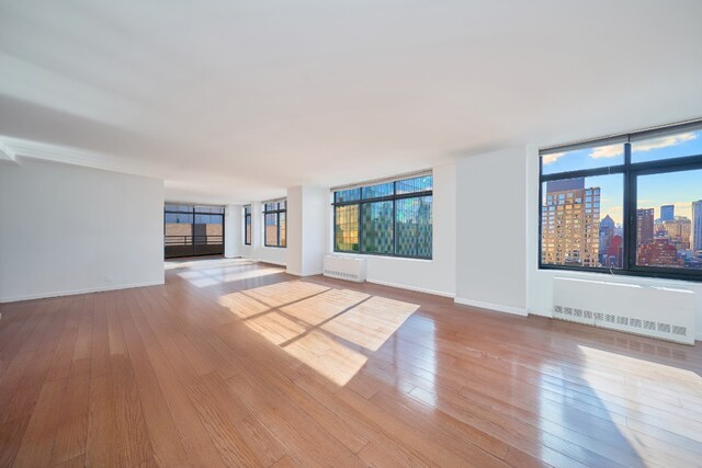 unfurnished room featuring radiator heating unit, light hardwood / wood-style floors, and plenty of natural light