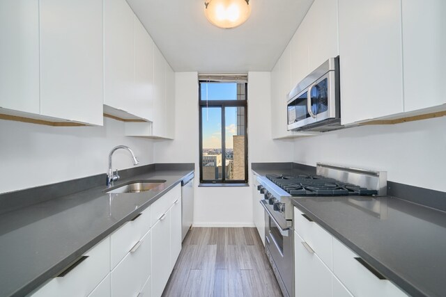 kitchen featuring sink, light hardwood / wood-style flooring, stainless steel appliances, and white cabinets