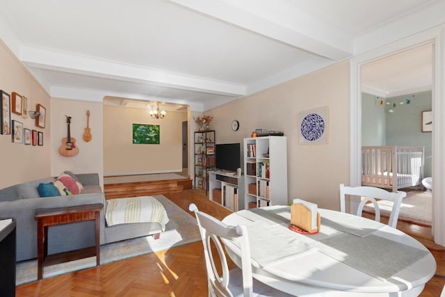 dining room featuring beamed ceiling, parquet flooring, and a chandelier