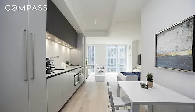 kitchen with light countertops, modern cabinets, light wood finished floors, and a sink