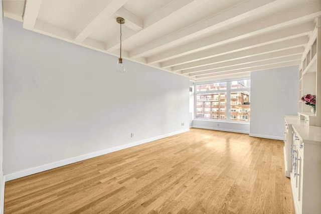 unfurnished living room featuring light wood-type flooring, beamed ceiling, and baseboards