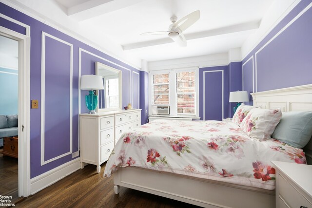 bedroom with dark hardwood / wood-style floors, cooling unit, and ceiling fan