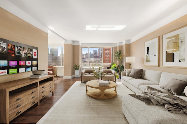 living room featuring dark wood-style floors and a city view