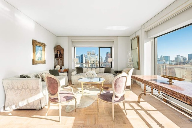 living room featuring light parquet floors