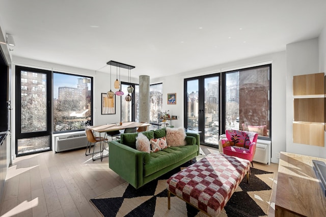 living area with an AC wall unit, wood-type flooring, and a wealth of natural light