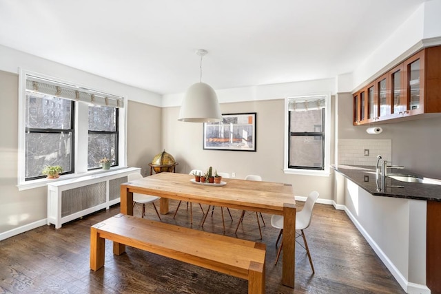 dining area featuring sink, dark wood-type flooring, radiator heating unit, and plenty of natural light