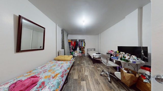 bedroom with radiator heating unit, wood finished floors, and a closet