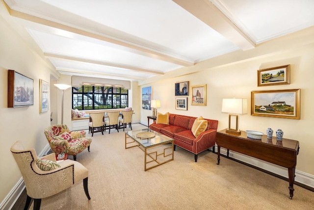 living room featuring carpet flooring and beam ceiling