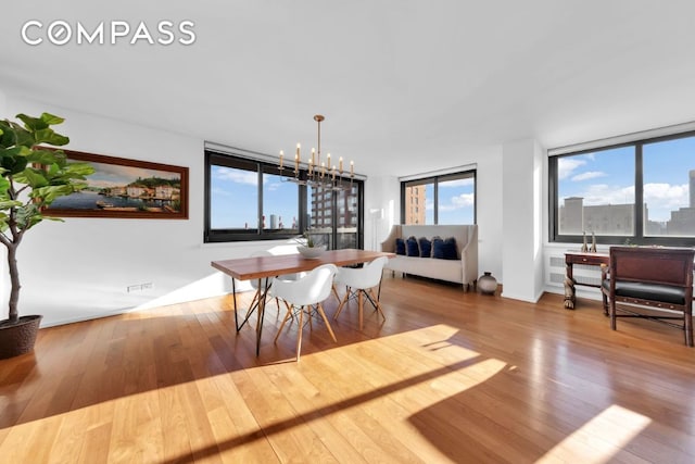 dining space with a notable chandelier, wood-type flooring, and radiator heating unit