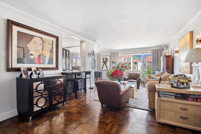 living room featuring crown molding and dark parquet floors