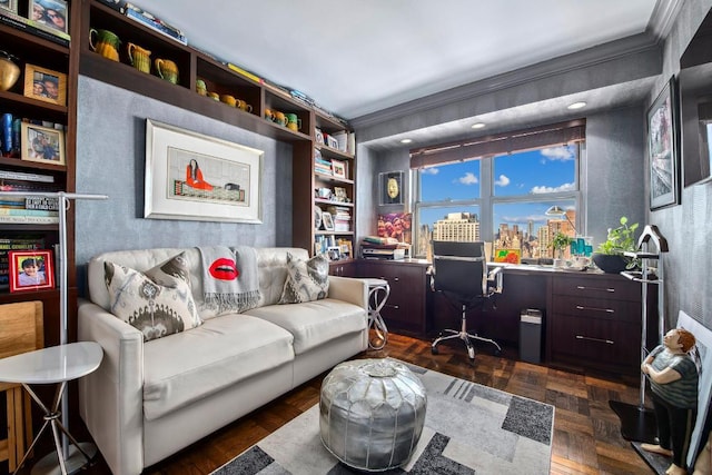 living room featuring crown molding and dark parquet floors