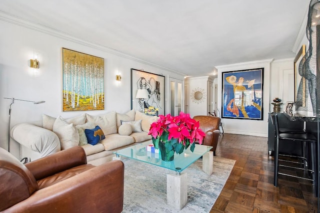 living room with crown molding and dark parquet flooring