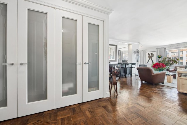 interior space featuring french doors and dark parquet floors