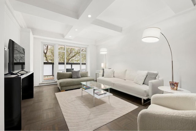 living room with beam ceiling, coffered ceiling, and dark parquet floors