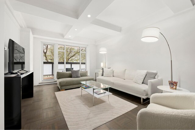 living area featuring beamed ceiling, recessed lighting, and coffered ceiling