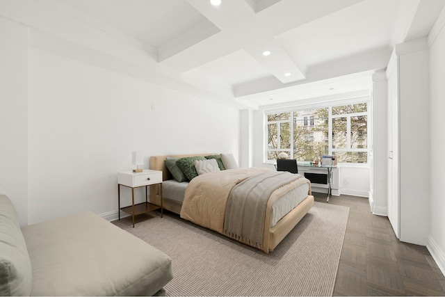 bedroom featuring recessed lighting, baseboards, beam ceiling, and coffered ceiling