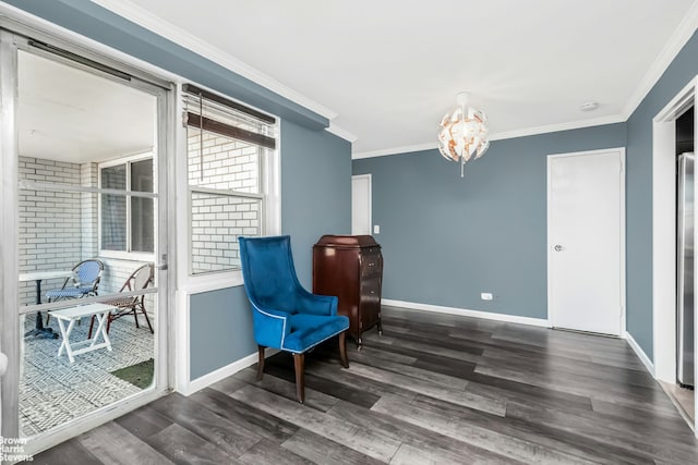 3333 Henry Hudson Pkwy Unit 23P, New York City, NY 10463 - sitting room with baseboards, a chandelier, wood finished floors, and crown molding