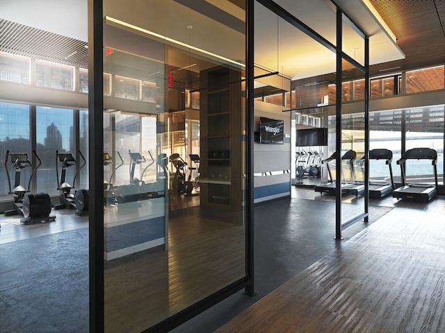 252 S St Unit 66B, New York City, NY 10002 - workout area with floor to ceiling windows and wood finished floors