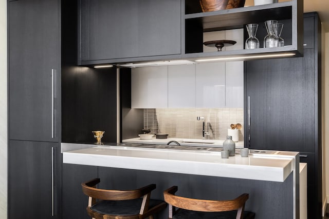 kitchen with open shelves, a kitchen breakfast bar, modern cabinets, and tasteful backsplash