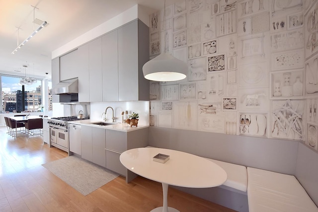 kitchen with light wood-type flooring, a sink, double oven range, exhaust hood, and light countertops