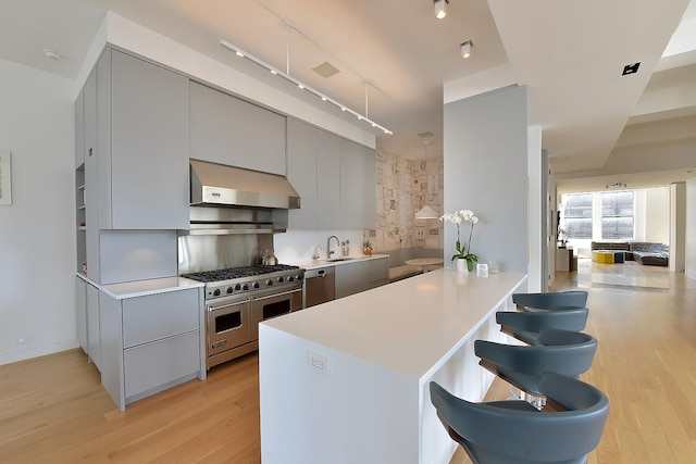 kitchen featuring range hood, a peninsula, gray cabinets, light wood-style floors, and stainless steel appliances