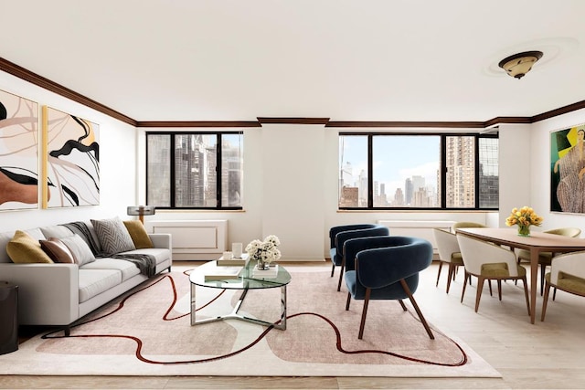 living room featuring ornamental molding, light wood-type flooring, and a city view