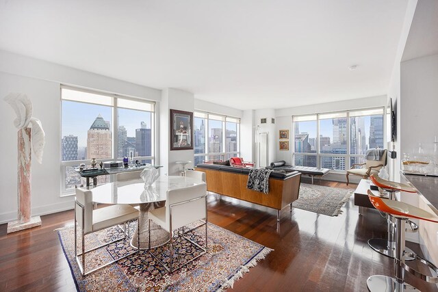 interior space featuring a view of city, baseboards, and dark wood-style flooring