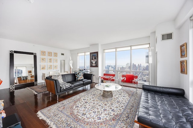 living room with visible vents, a view of city, a healthy amount of sunlight, and wood finished floors