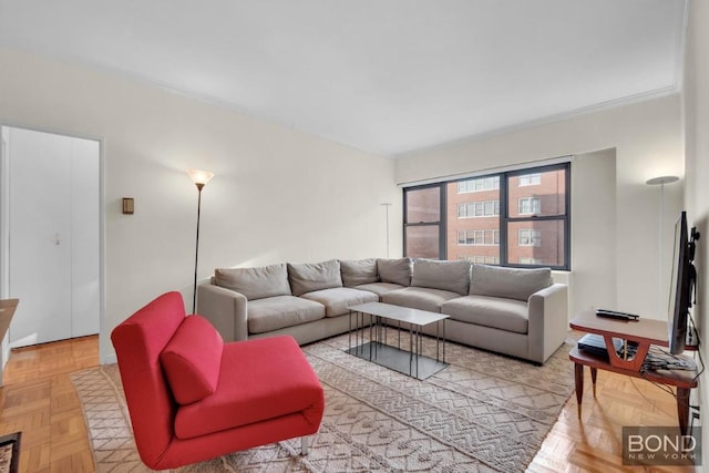 living room with light parquet floors