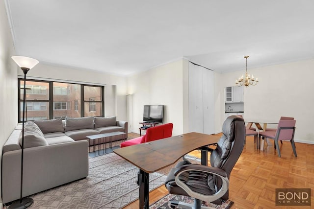 office area featuring a chandelier and light parquet floors