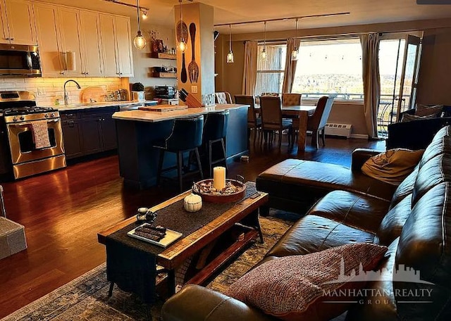 living room with sink, dark hardwood / wood-style flooring, and baseboard heating