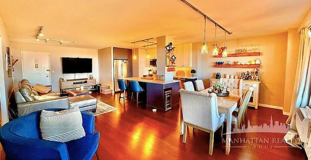 dining space featuring rail lighting and dark wood-style flooring