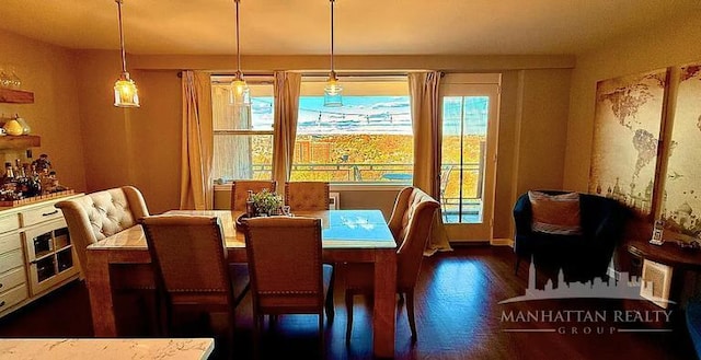 dining space with dark wood-style flooring