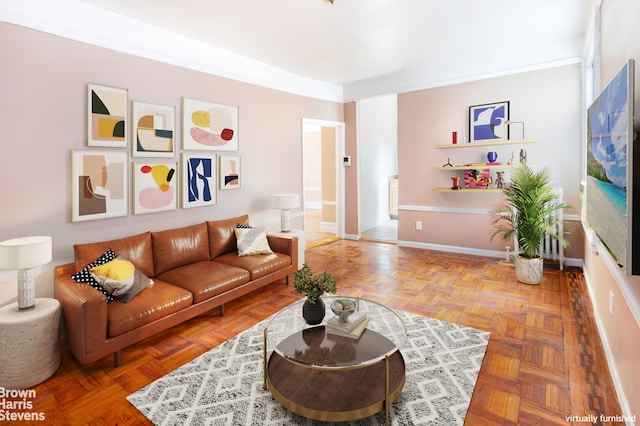 living room with parquet flooring