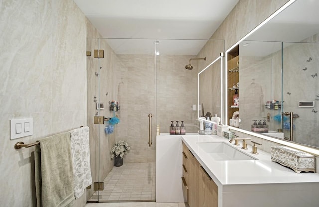 full bath with a shower stall, tile walls, and vanity