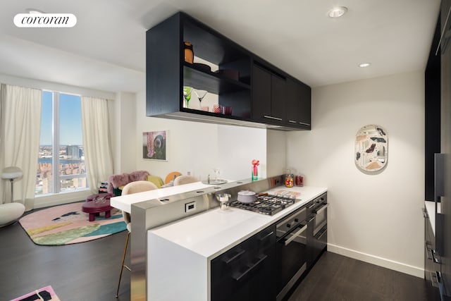 kitchen with dark cabinets, stainless steel appliances, baseboards, light countertops, and dark wood finished floors